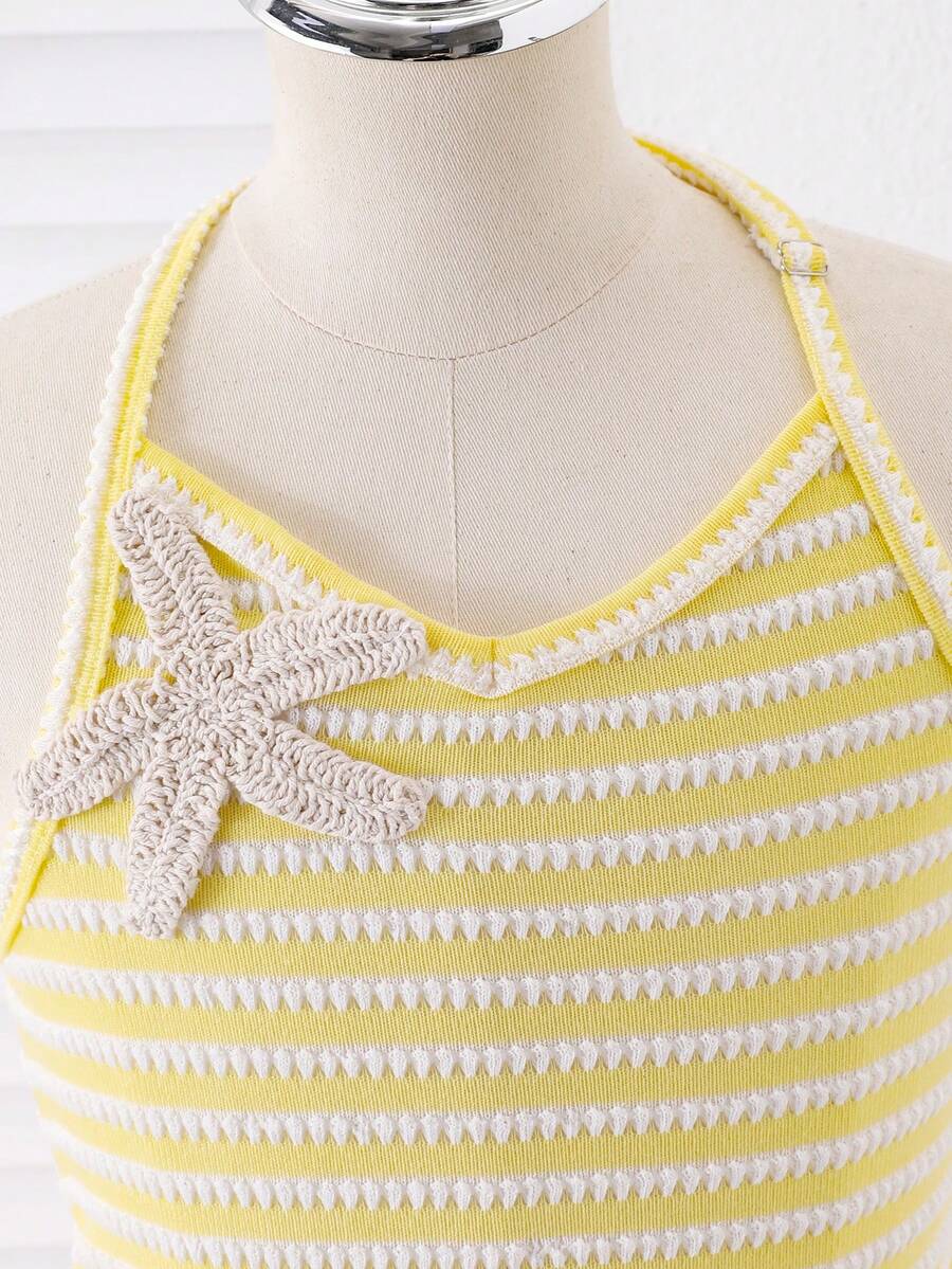 Tween girls apricot sleeveless halter mini dress with textured starfish and shell decor, shirred tiered layer, high waist, and flounce hem.