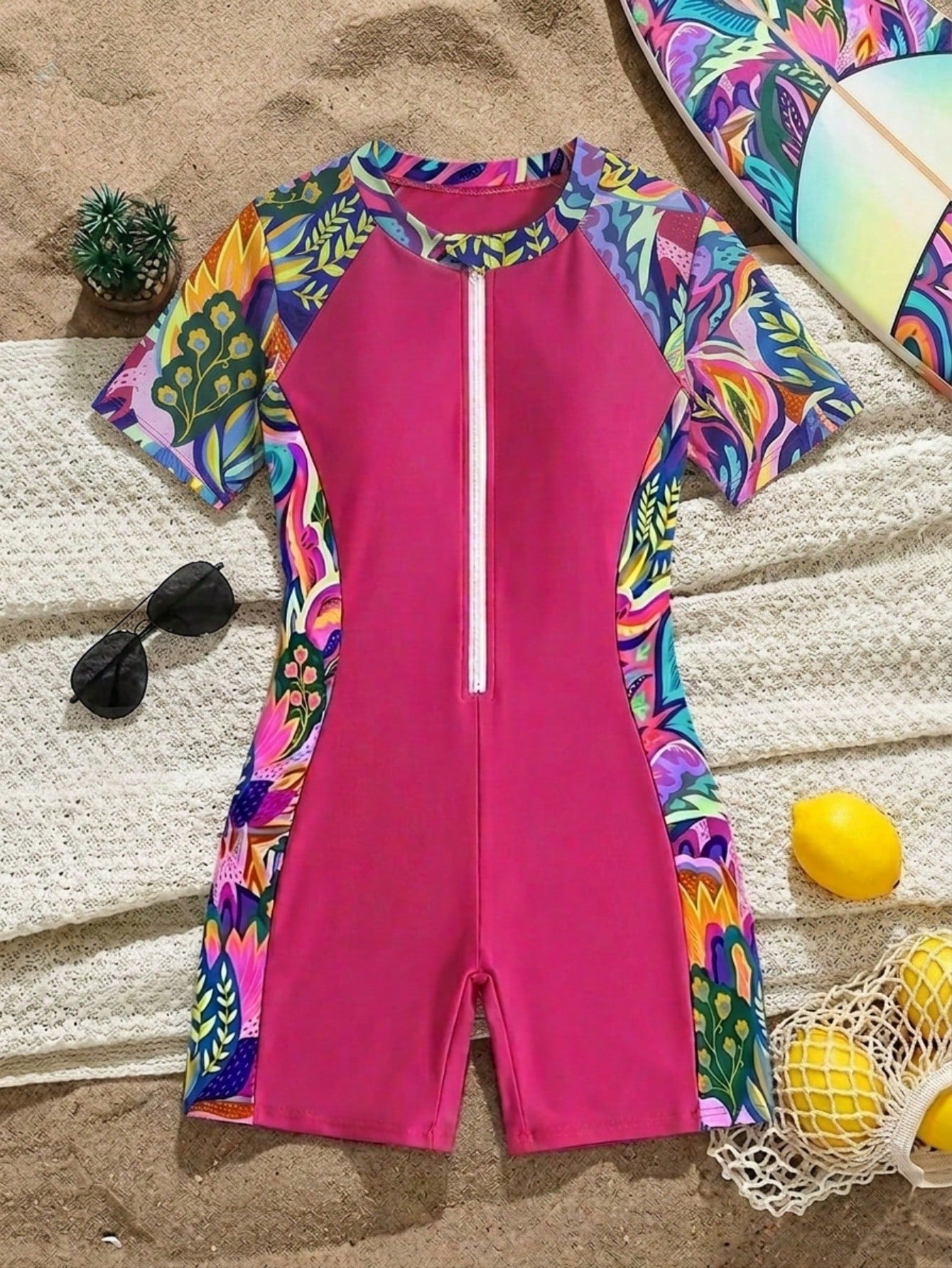 Black and white one-piece rashguard swimsuit for tween girls with short sleeves, high neck, zipper detail, fitted shape, and shorts-style bottom.