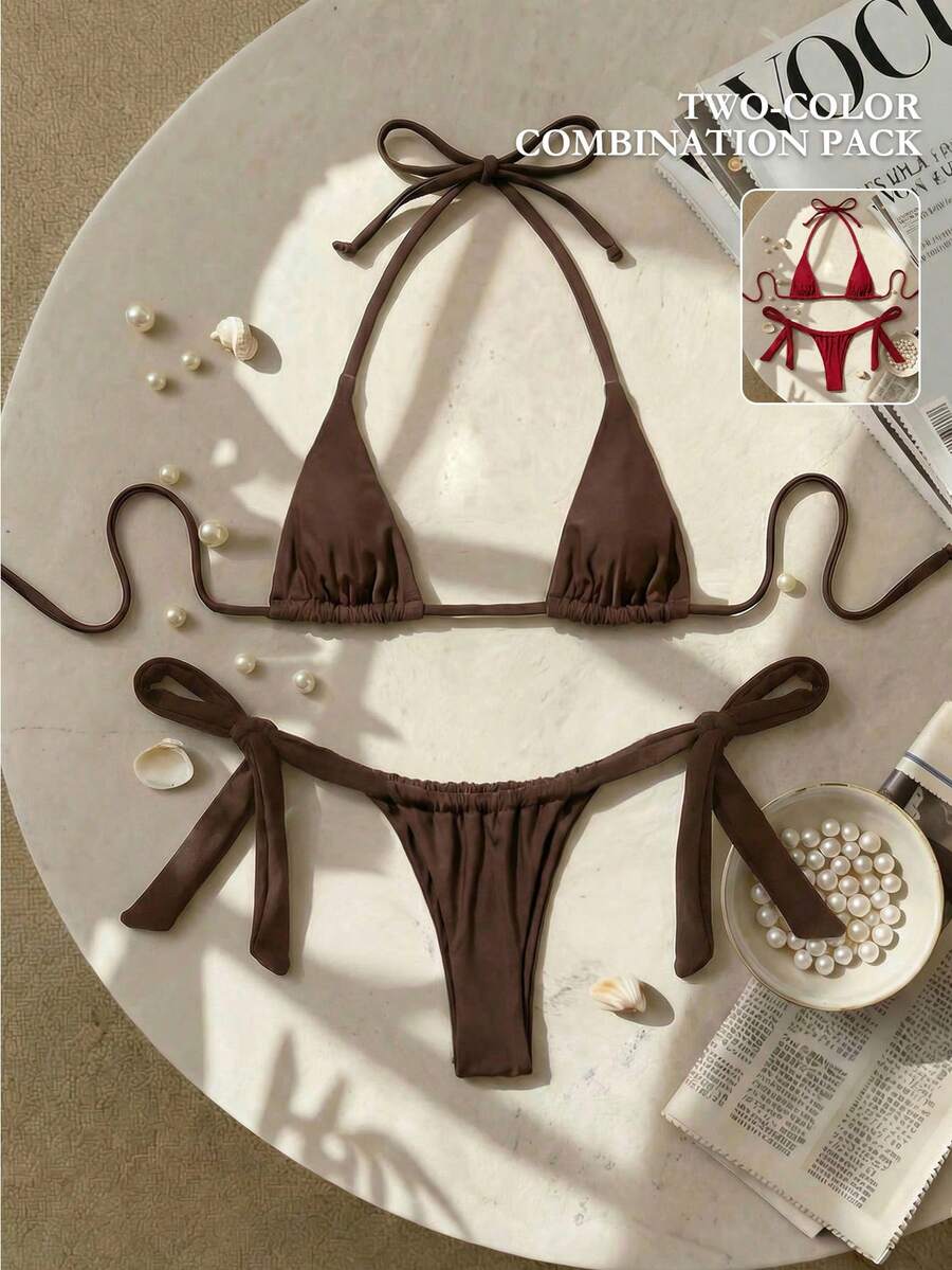 Army green high waist micro bikini swimsuit set for women featuring wireless spaghetti strap top with chain knot details and tie side thong bottoms.