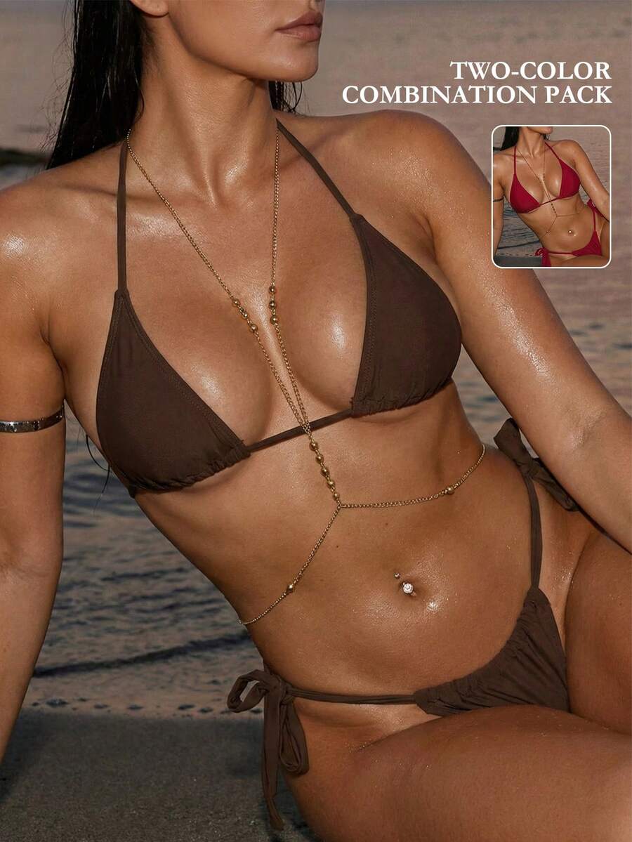 Army green high waist micro bikini swimsuit set for women featuring wireless spaghetti strap top with chain knot details and tie side thong bottoms.