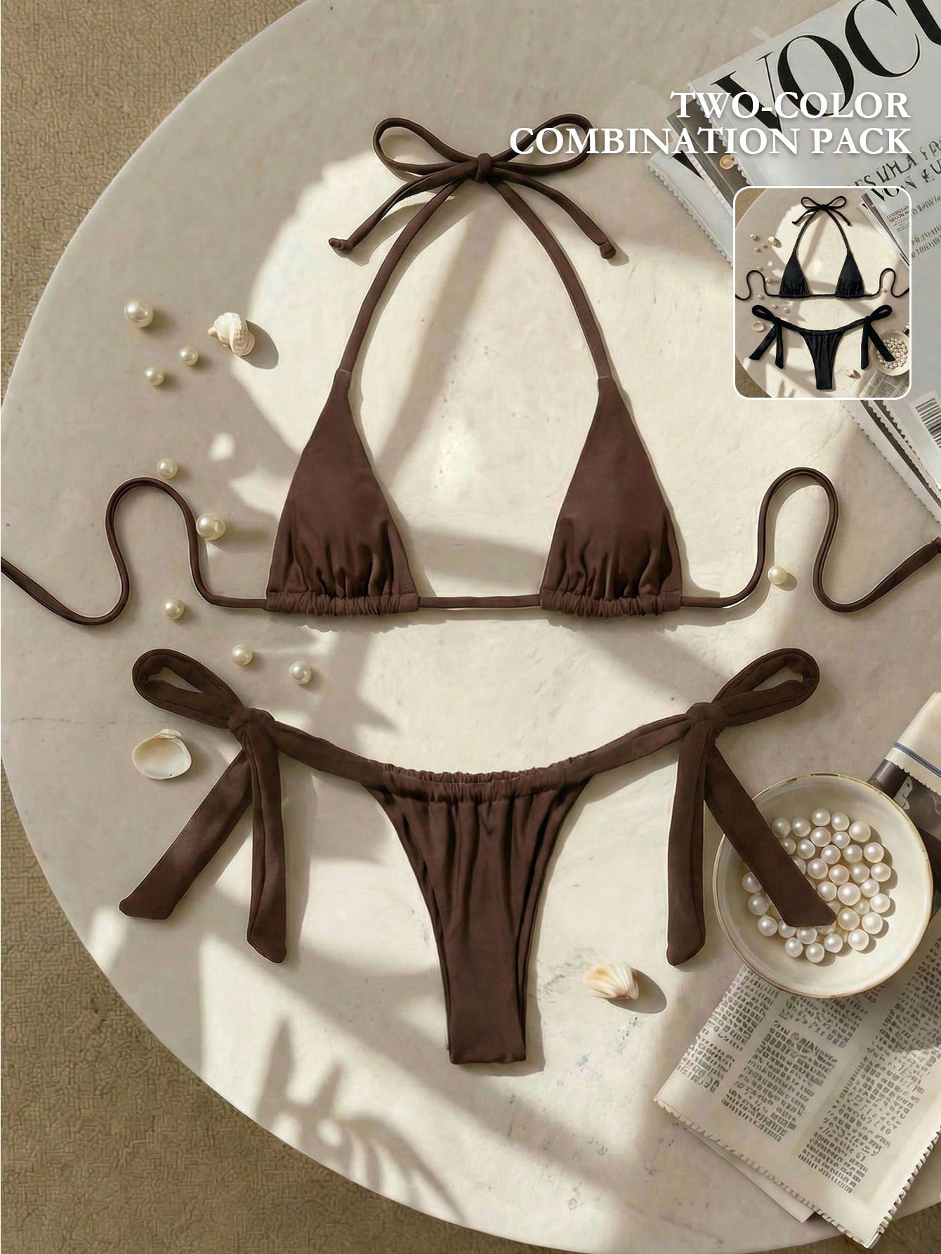 Army green high waist micro bikini swimsuit set for women featuring wireless spaghetti strap top with chain knot details and tie side thong bottoms.