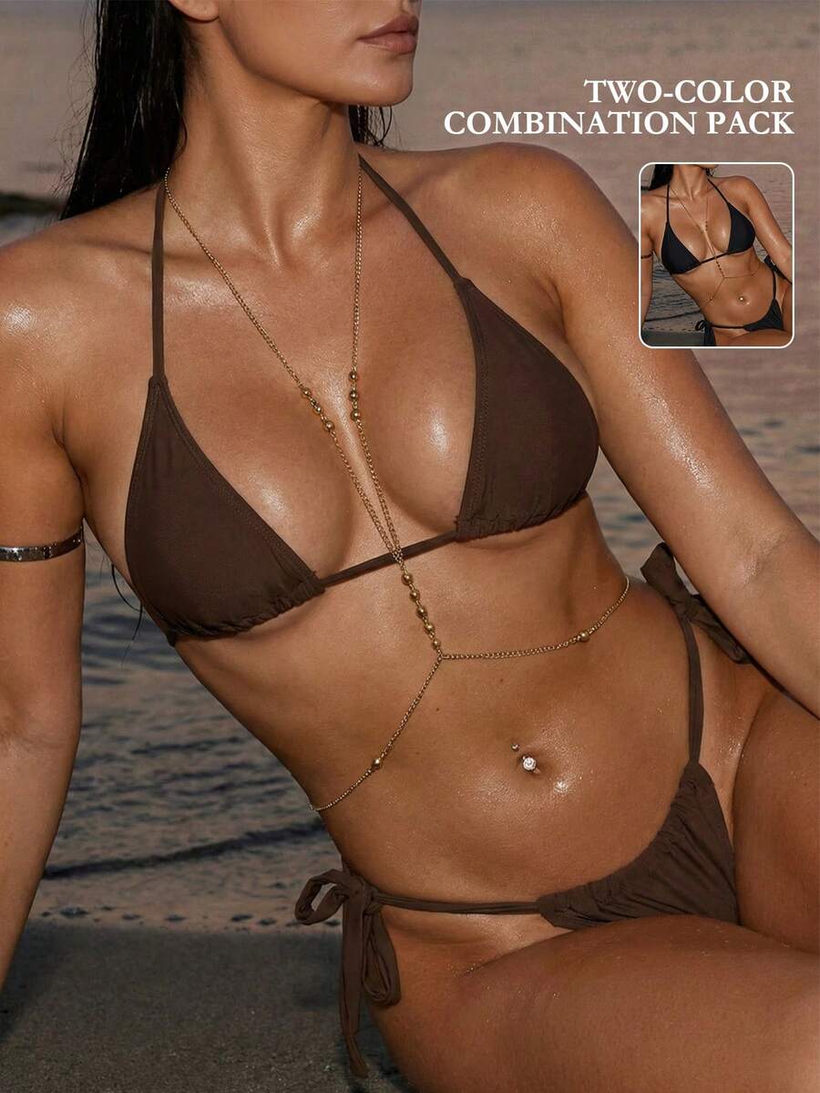 Army green high waist micro bikini swimsuit set for women featuring wireless spaghetti strap top with chain knot details and tie side thong bottoms.