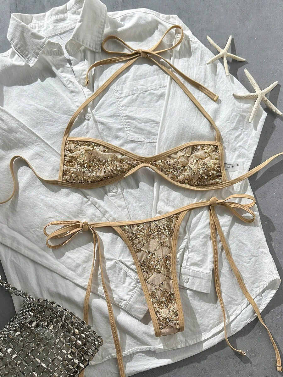 Apricot 2-piece sequin textured halter bikini set featuring a wireless top with lace-up backless ties and matching low-waist side-tie thong bottoms.