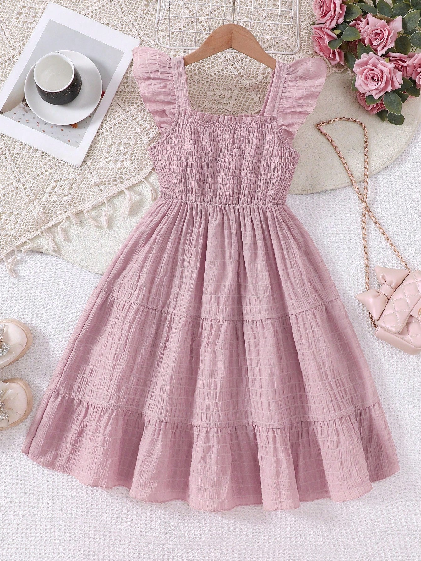 Tween girls casual long dress featuring a square neck, tiered ruffle layers, high waist shirred waist, and flounce hem.