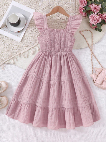 Tween girls casual long dress featuring a square neck, tiered ruffle layers, high waist shirred waist, and flounce hem.