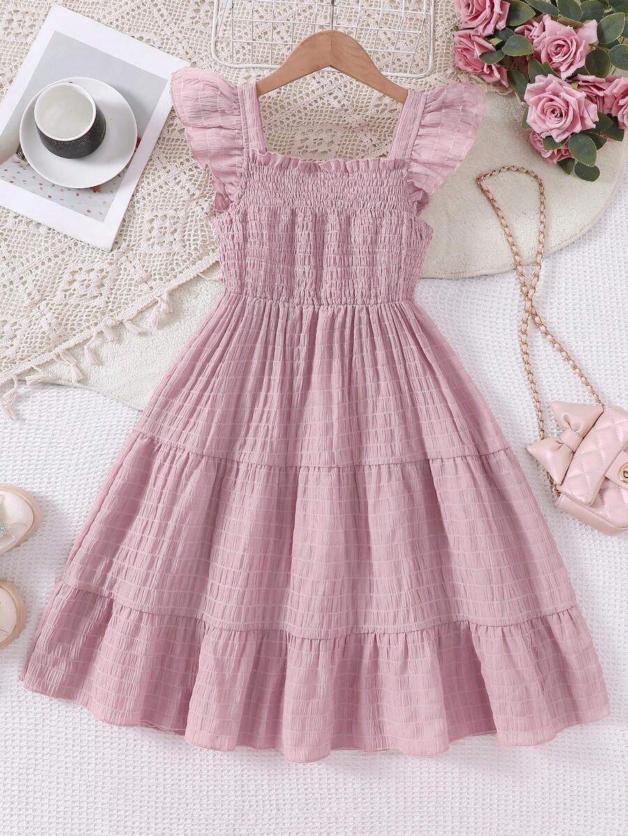 Tween girls casual long dress featuring a square neck, tiered ruffle layers, high waist shirred waist, and flounce hem.