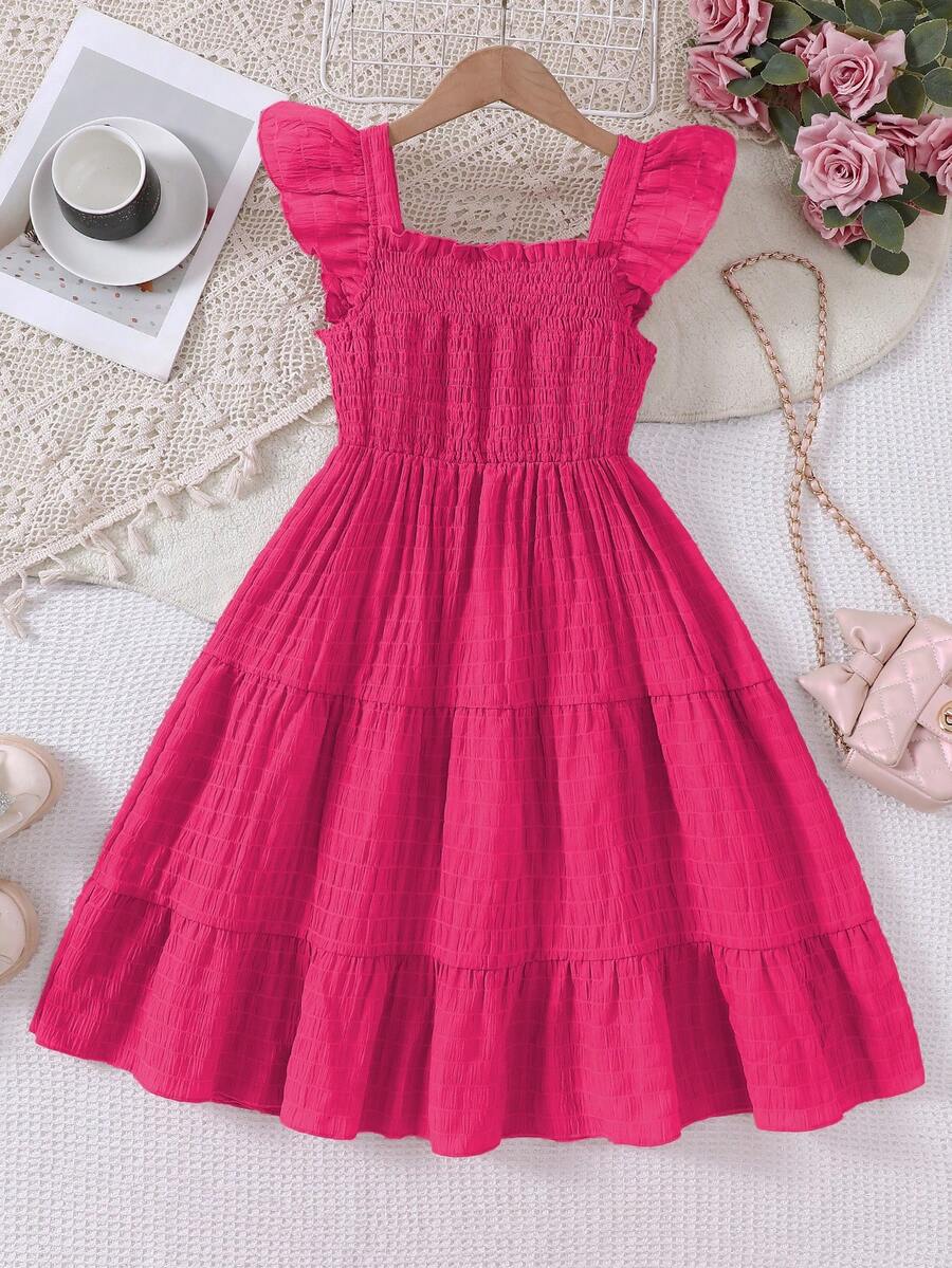 Tween girls casual long dress featuring a square neck, tiered ruffle layers, high waist shirred waist, and flounce hem.
