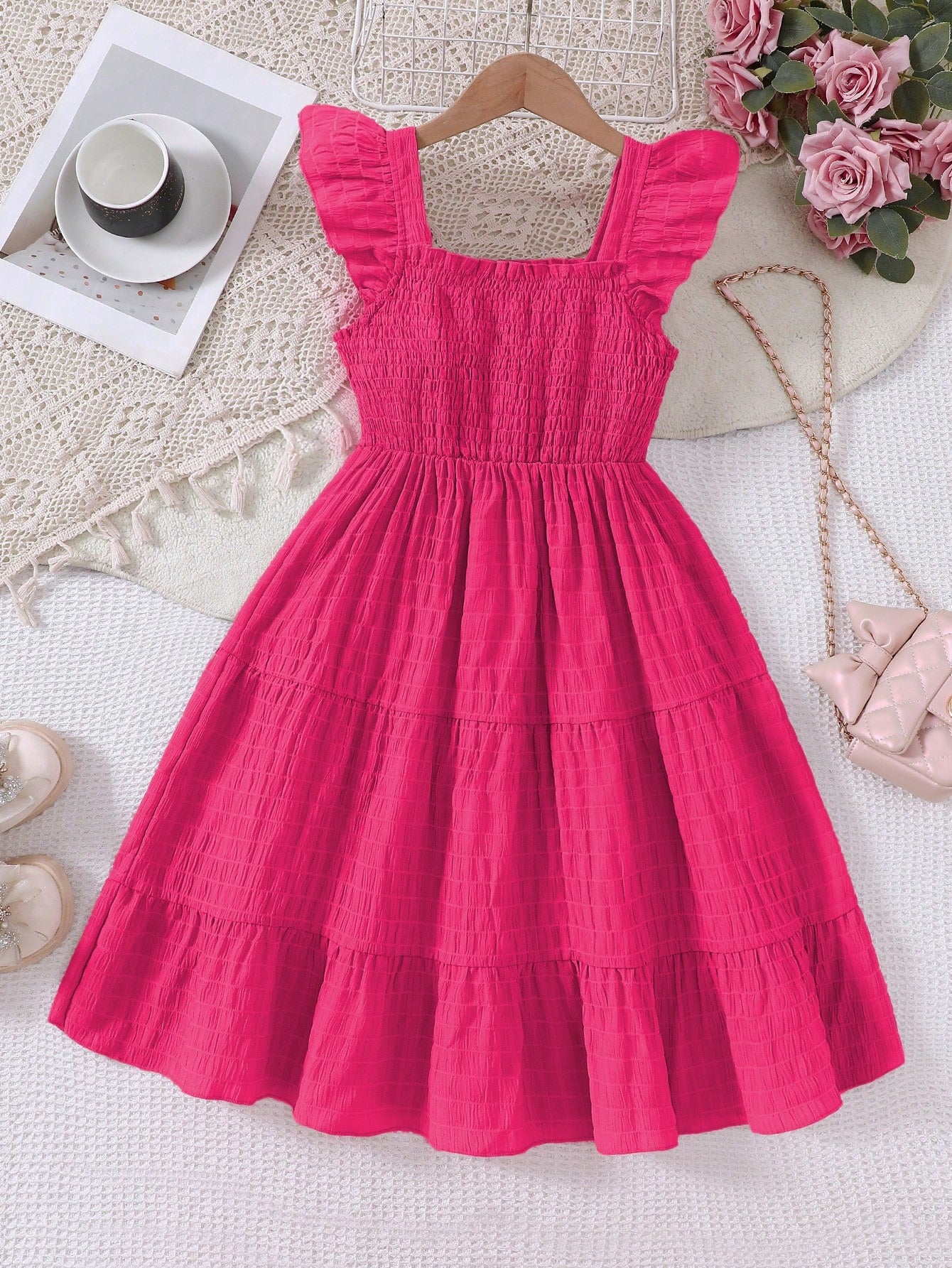 Tween girls casual long dress featuring a square neck, tiered ruffle layers, high waist shirred waist, and flounce hem.