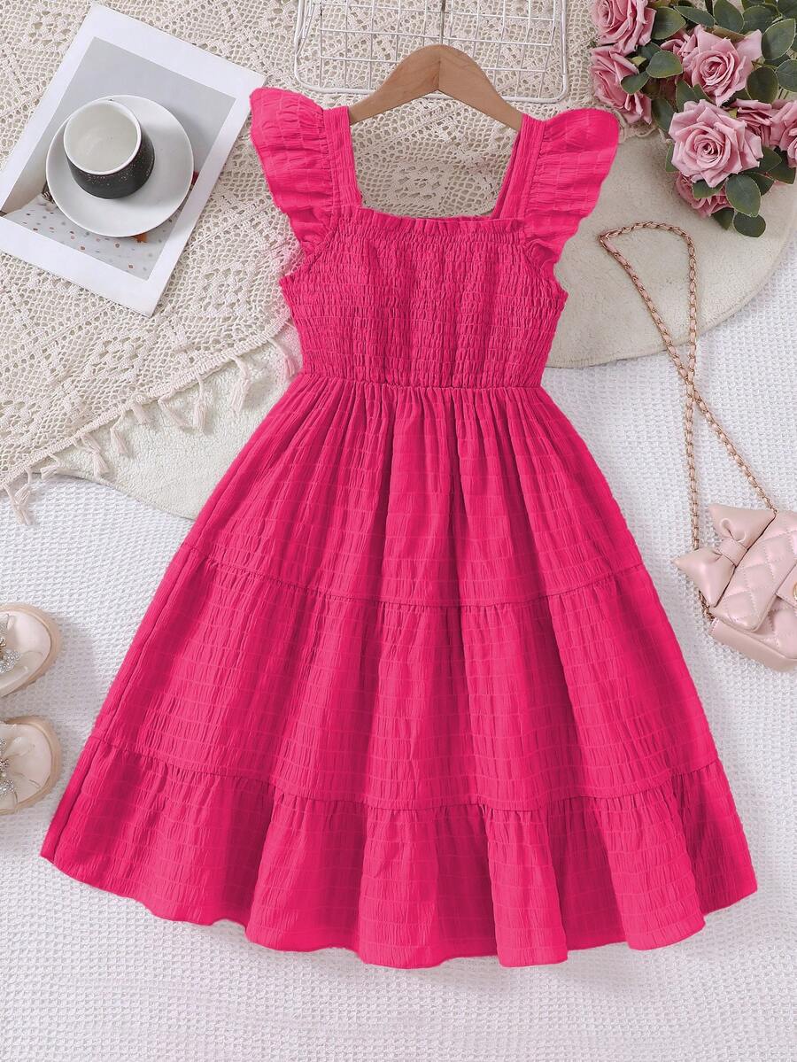 Tween girls casual long dress featuring a square neck, tiered ruffle layers, high waist shirred waist, and flounce hem.