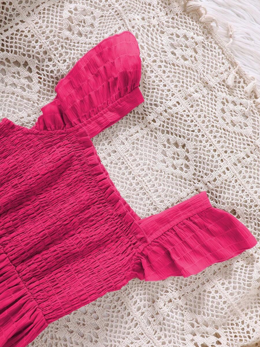 Tween girls casual long dress featuring a square neck, tiered ruffle layers, high waist shirred waist, and flounce hem.