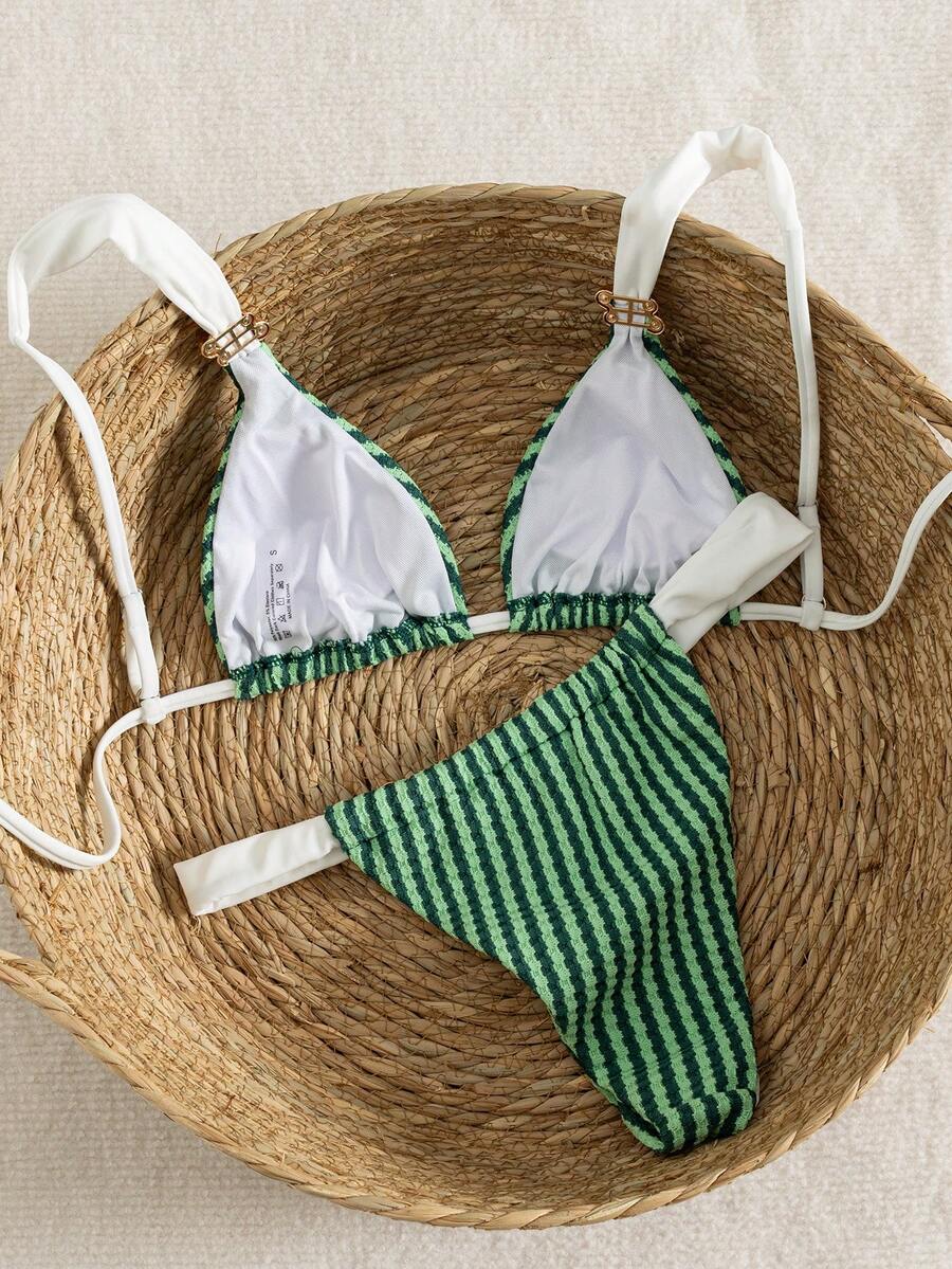 Multicolor colorblock bikini set for women featuring a wireless triangle bra top with shoulder straps and ring knot details paired with high waist high cut bottoms.