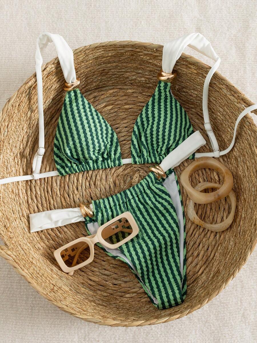Multicolor colorblock bikini set for women featuring a wireless triangle bra top with shoulder straps and ring knot details paired with high waist high cut bottoms.