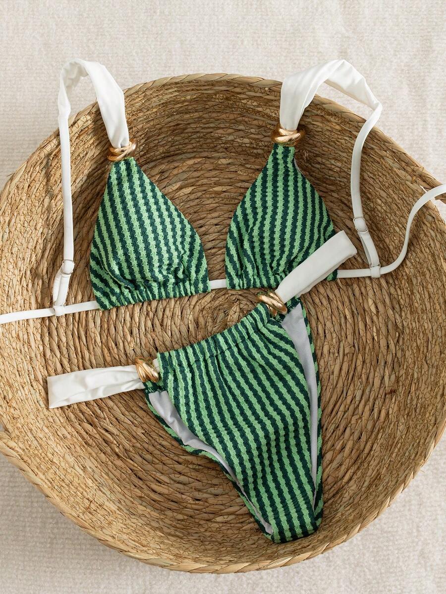 Multicolor colorblock bikini set for women featuring a wireless triangle bra top with shoulder straps and ring knot details paired with high waist high cut bottoms.