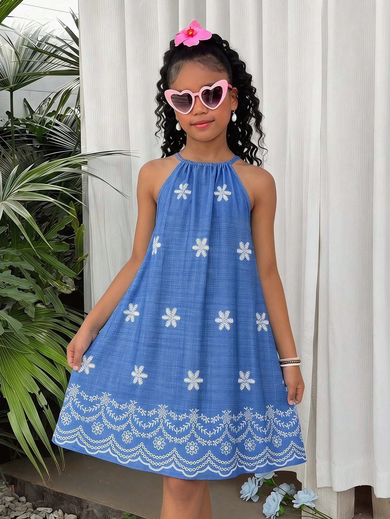 Tween girls floral print dress with halter neckline, sleeveless cold shoulder design, A-line shape, and vacation style.