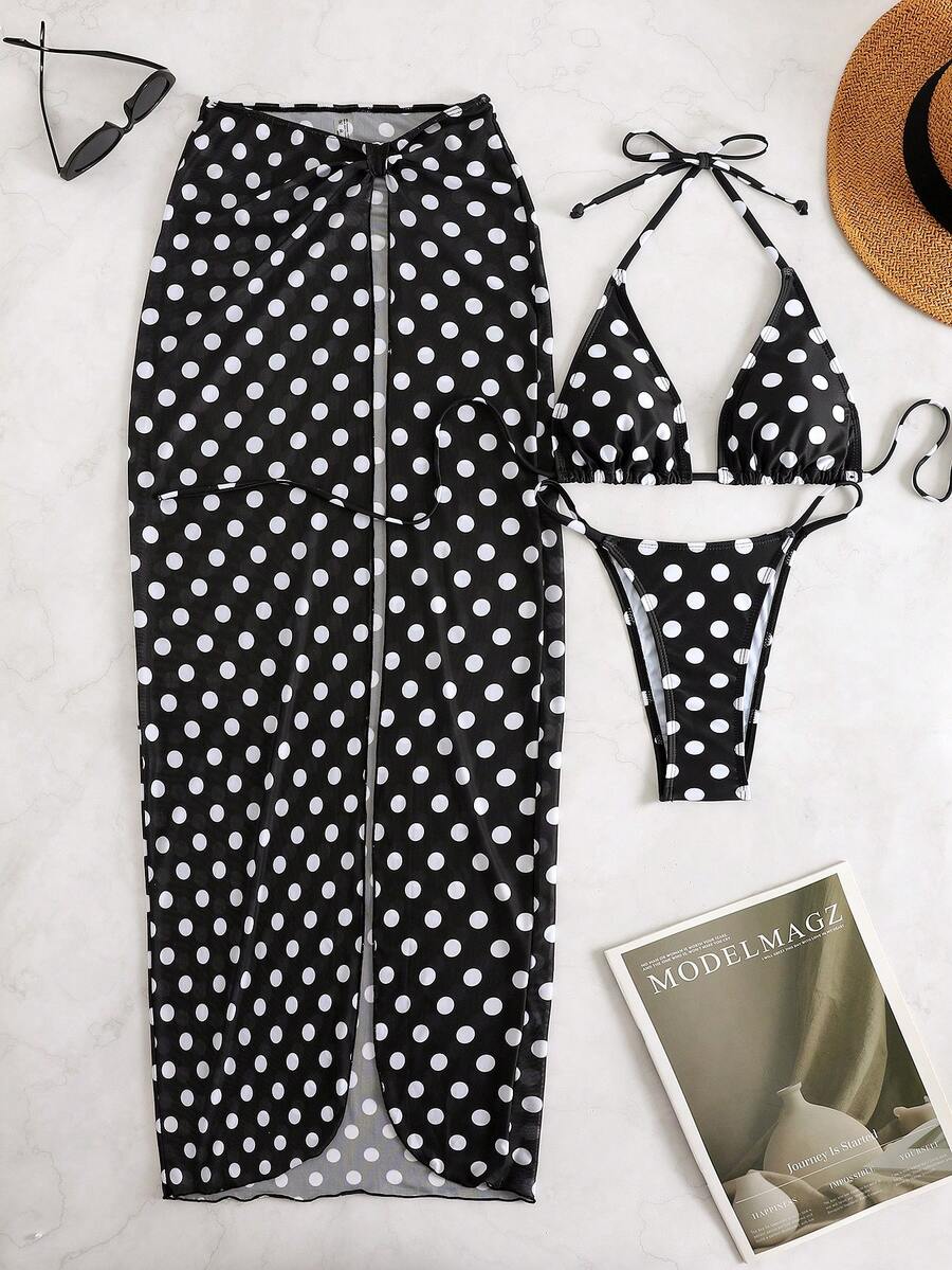 Women's 3-piece floral swimsuit set featuring a multicolor tie-back halter bikini top, low-waist bottoms, and a matching sheer mesh maxi skirt.