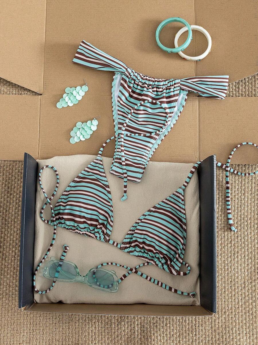 Women's striped halter two-piece swimsuit featuring a lace-up triangle top with removable padding and high-cut low-waist bikini bottoms.