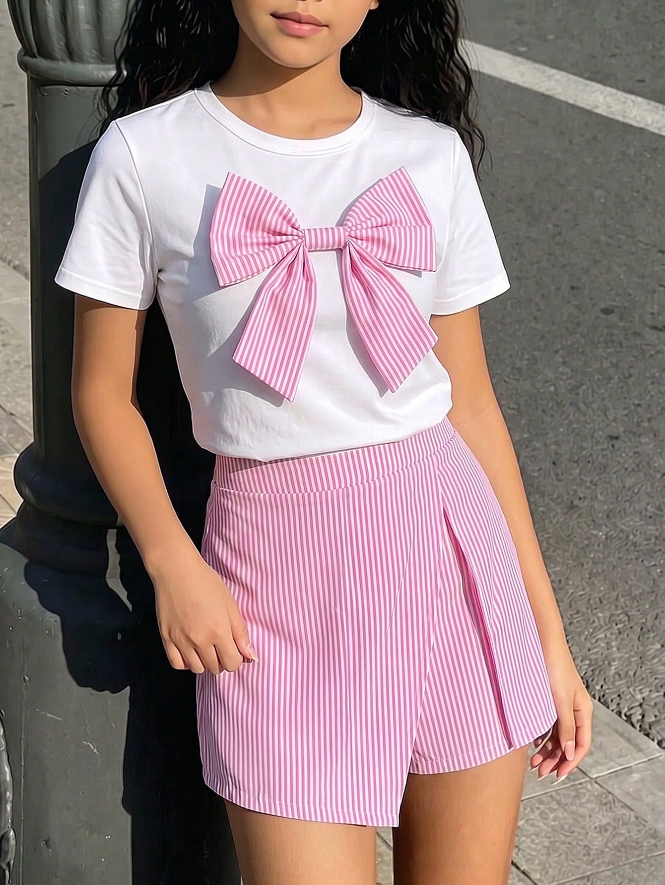 Tween girls 2-piece blue outfit featuring a short sleeve round neck t-shirt with a bow front detail and an asymmetric wrap skort.