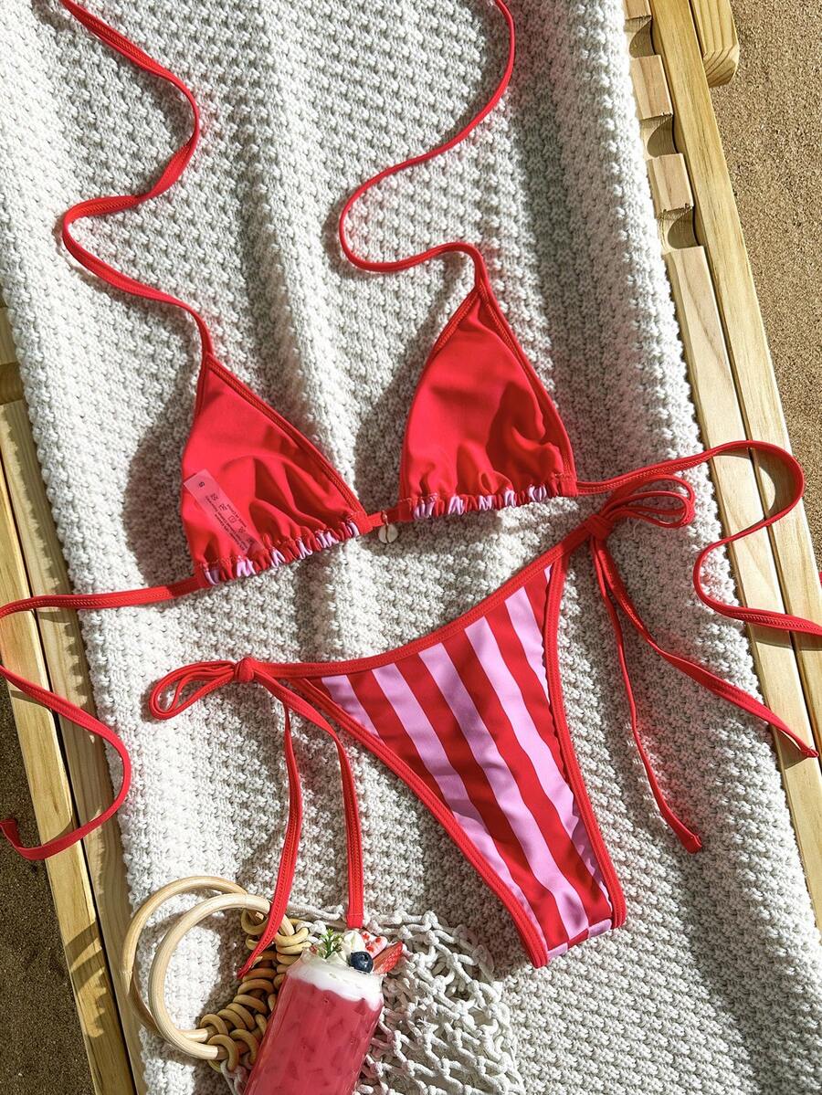 Apricot 2-piece bikini swimwear set featuring a textured halter triangle cup top with knot details and matching tie-side bottoms for women.