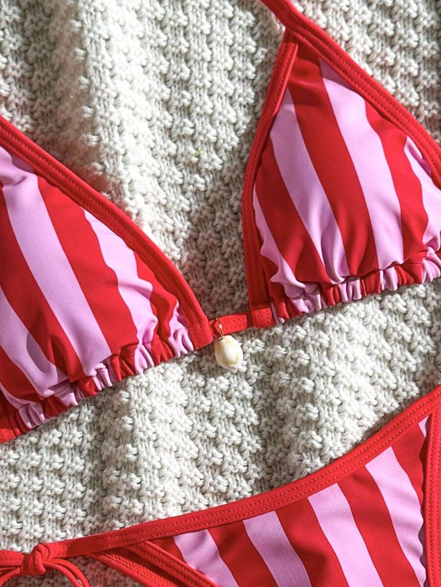 Apricot 2-piece bikini swimwear set featuring a textured halter triangle cup top with knot details and matching tie-side bottoms for women.
