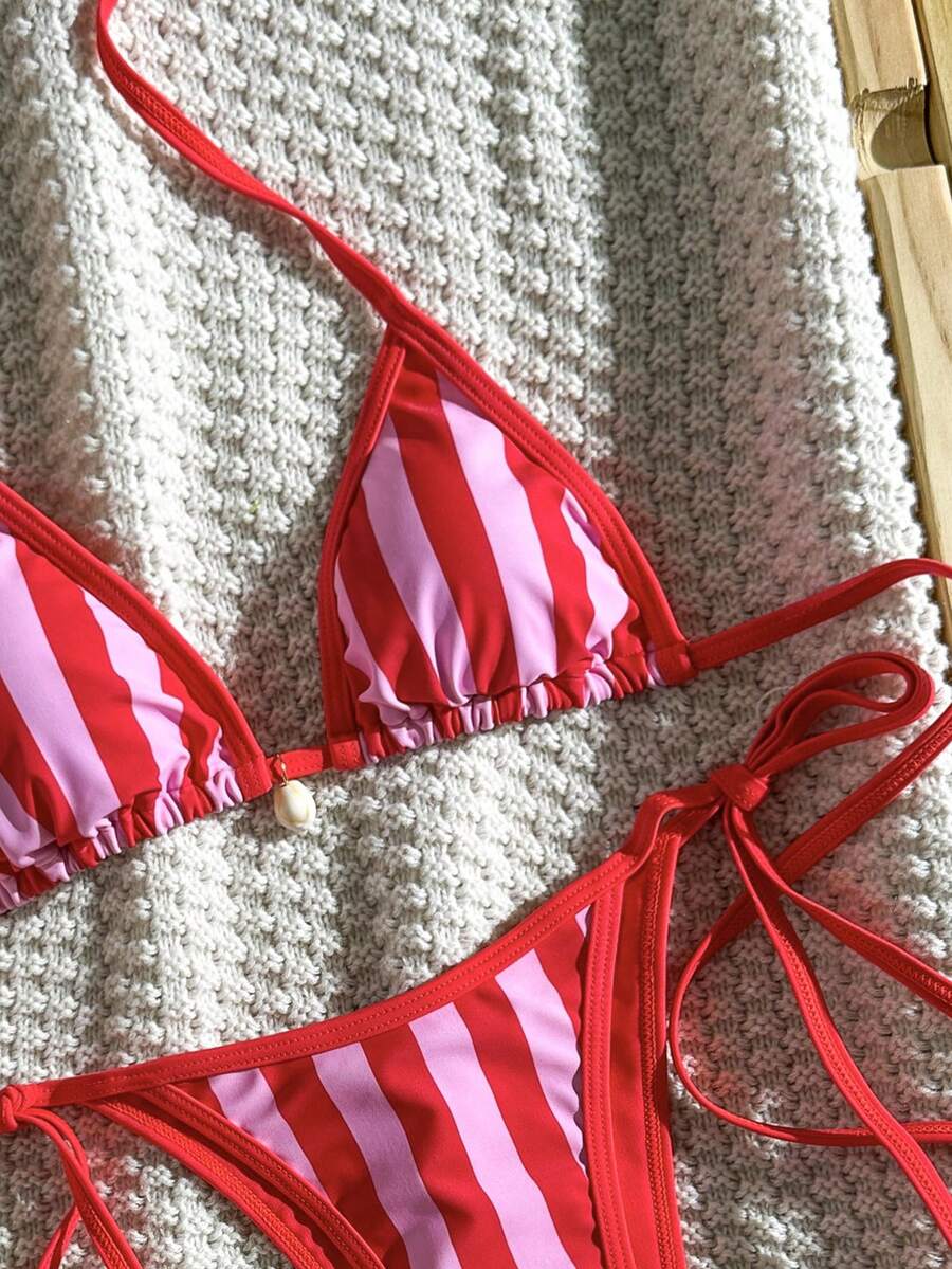 Apricot 2-piece bikini swimwear set featuring a textured halter triangle cup top with knot details and matching tie-side bottoms for women.