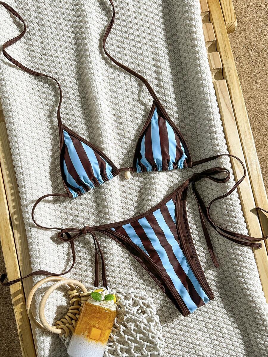 Apricot 2-piece bikini swimwear set featuring a textured halter triangle cup top with knot details and matching tie-side bottoms for women.