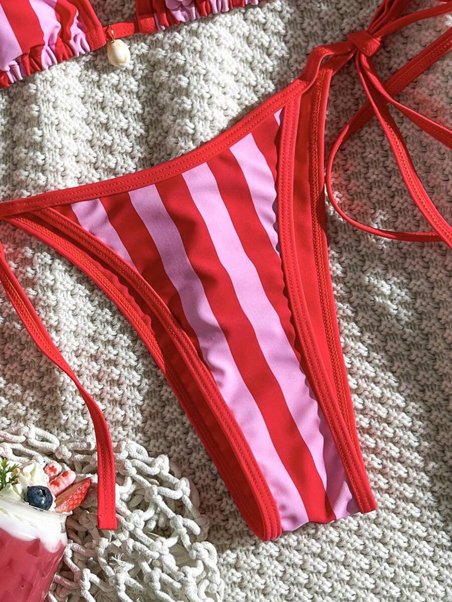 Apricot 2-piece bikini swimwear set featuring a textured halter triangle cup top with knot details and matching tie-side bottoms for women.