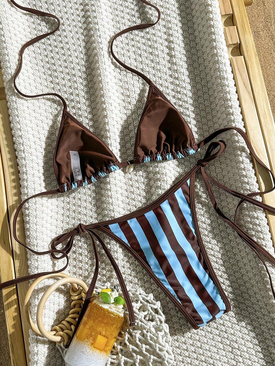 Apricot 2-piece bikini swimwear set featuring a textured halter triangle cup top with knot details and matching tie-side bottoms for women.