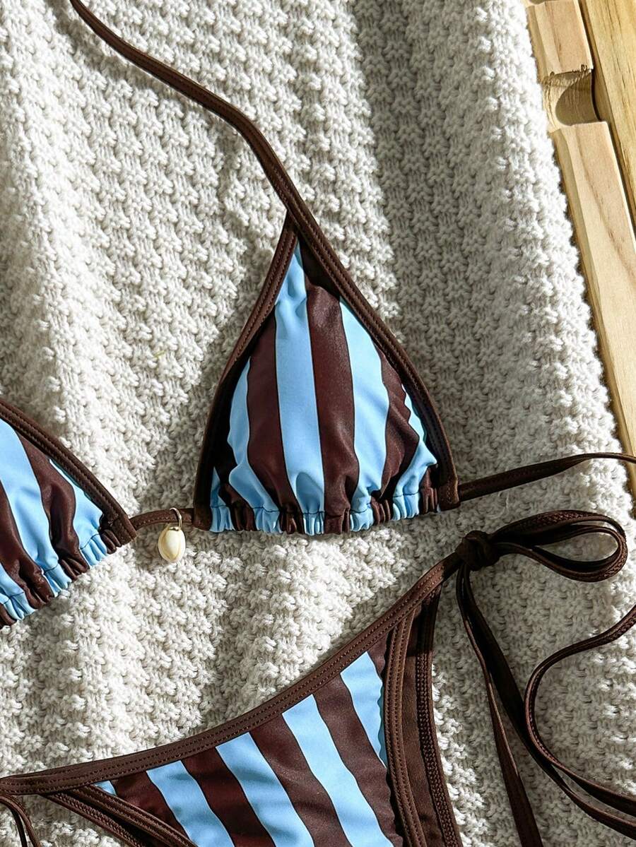 Apricot 2-piece bikini swimwear set featuring a textured halter triangle cup top with knot details and matching tie-side bottoms for women.
