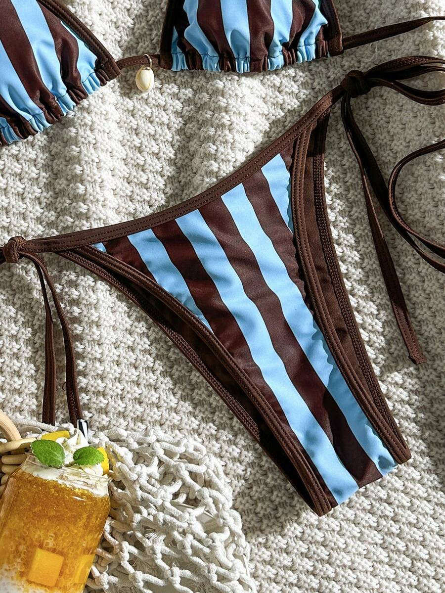 Apricot 2-piece bikini swimwear set featuring a textured halter triangle cup top with knot details and matching tie-side bottoms for women.