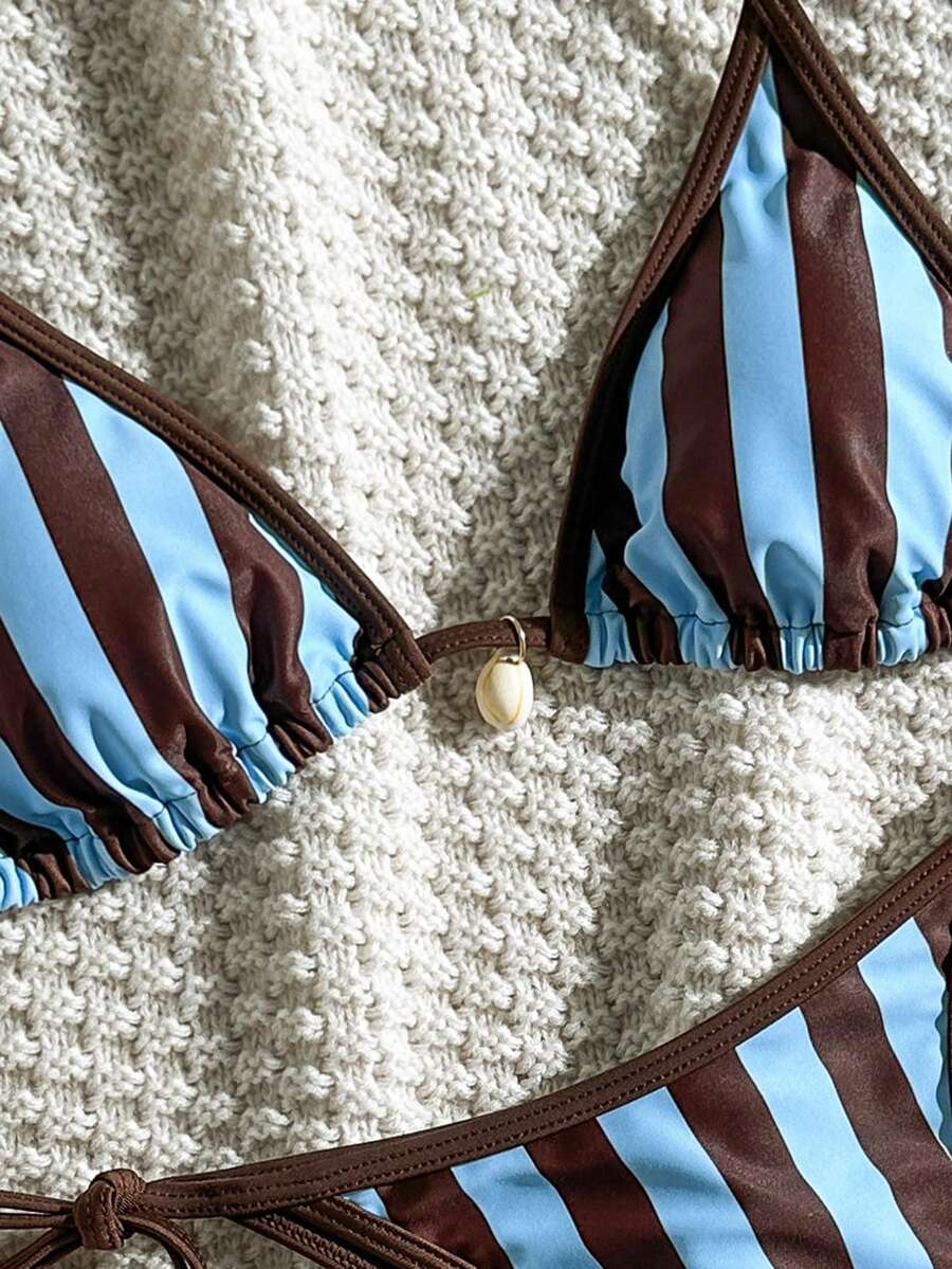 Apricot 2-piece bikini swimwear set featuring a textured halter triangle cup top with knot details and matching tie-side bottoms for women.