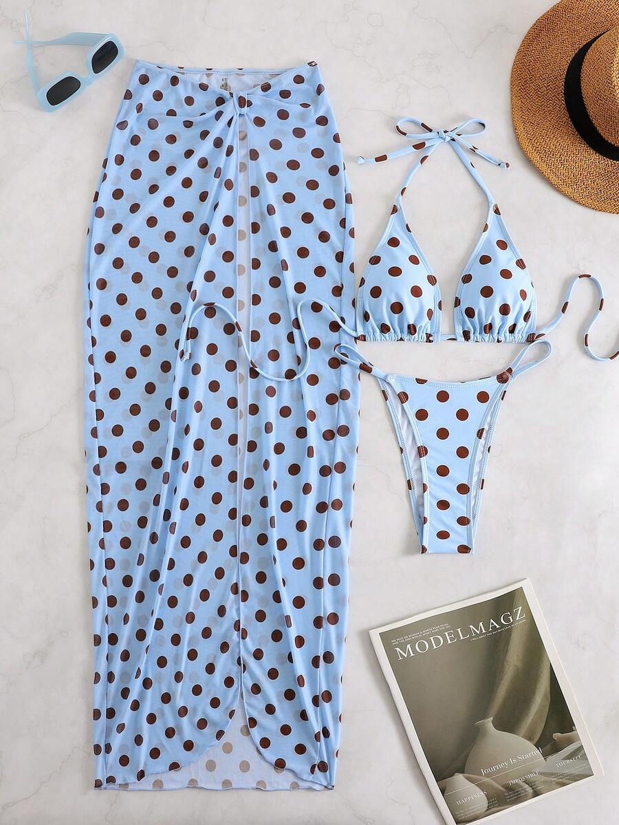Women's 3-piece floral swimsuit set featuring a multicolor tie-back halter bikini top, low-waist bottoms, and a matching sheer mesh maxi skirt.