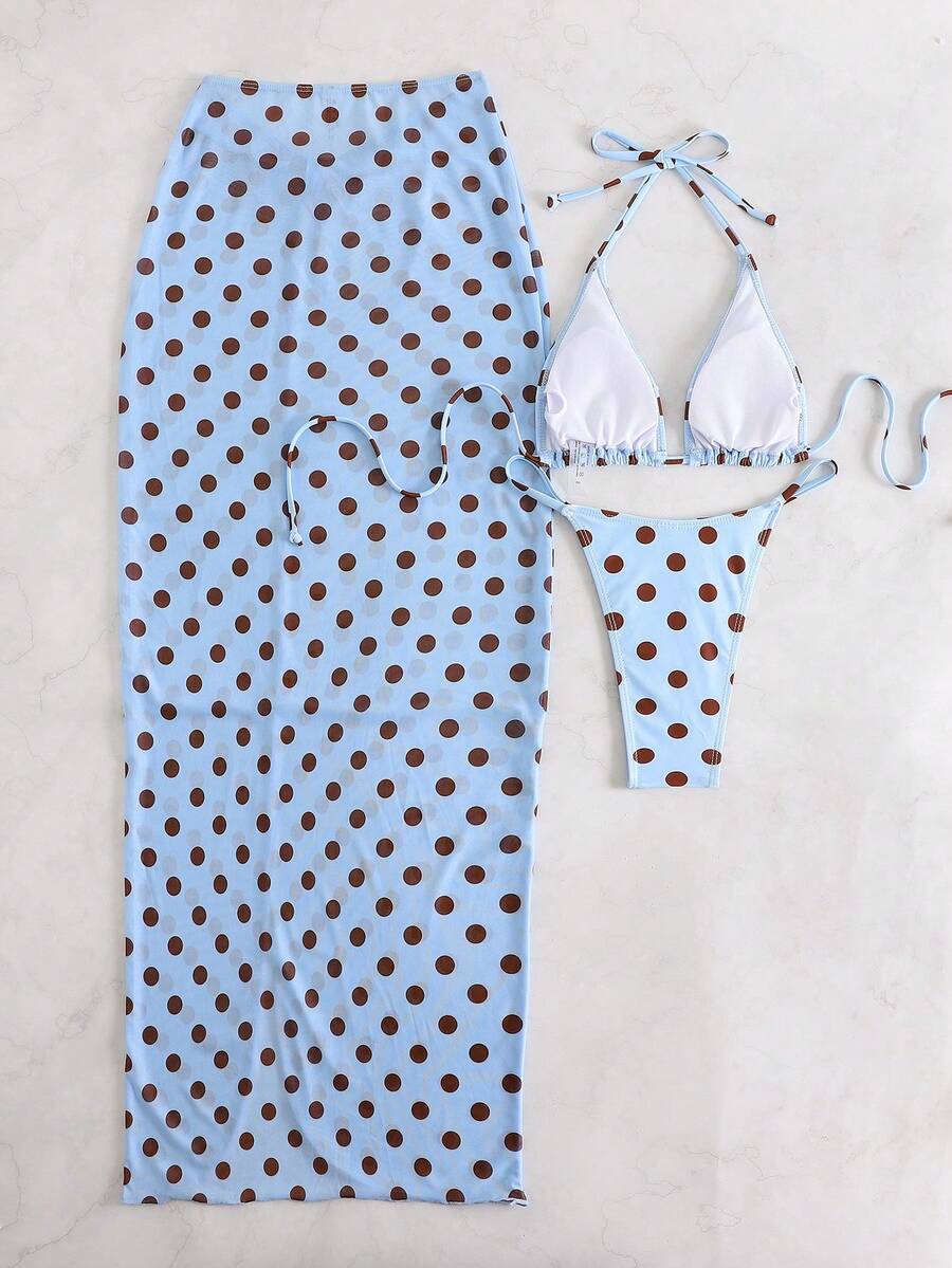 Women's 3-piece floral swimsuit set featuring a multicolor tie-back halter bikini top, low-waist bottoms, and a matching sheer mesh maxi skirt.