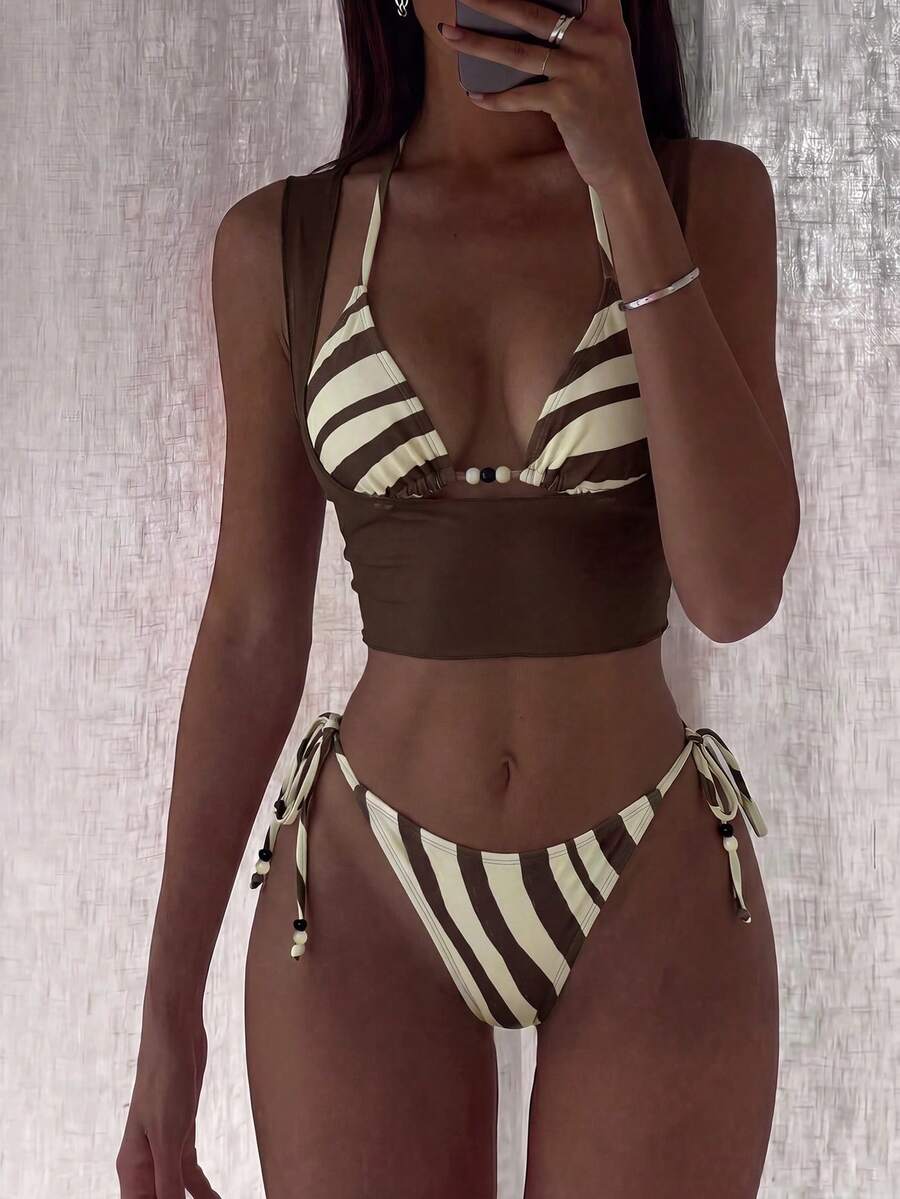 Brown striped 3-piece bikini set for women featuring a halter tie neck, wireless triangle cups with removable padding, cut-out details, and low waist tie side bottoms.
