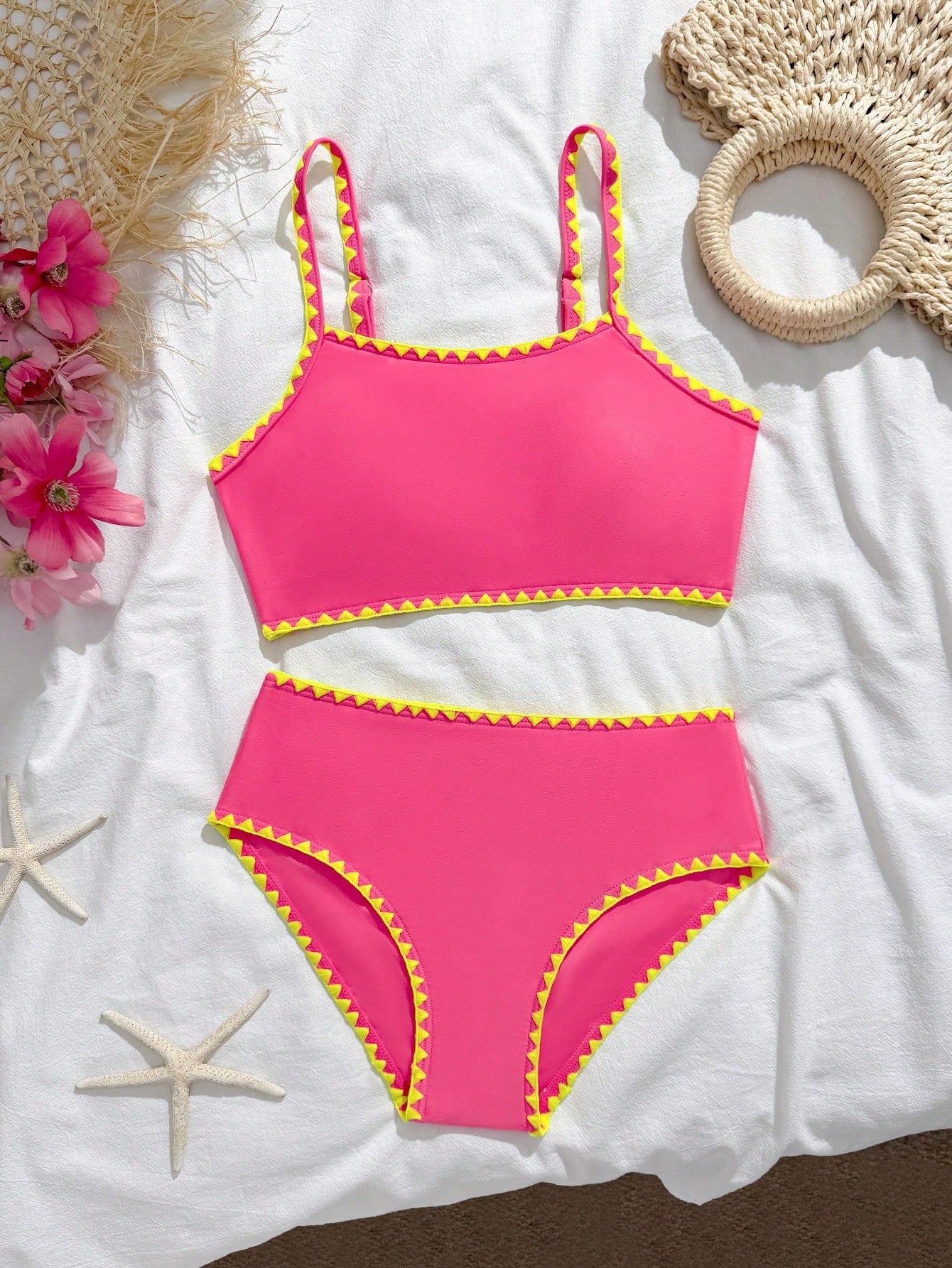 Tween Girls Bikini Sets,Cute Fuchsia Pink 2 Pieces Knit Swimsuit With Neon Shell Trim,High-Waist Bottoms For Summer Beach Vacation Holiday Swimming