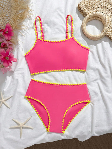 Tween Girls Bikini Sets,Cute Fuchsia Pink 2 Pieces Knit Swimsuit With Neon Shell Trim,High-Waist Bottoms For Summer Beach Vacation Holiday Swimming