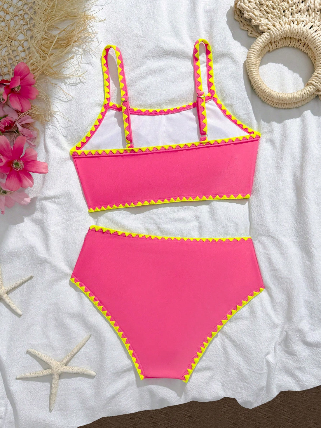 Tween Girls Bikini Sets,Cute Fuchsia Pink 2 Pieces Knit Swimsuit With Neon Shell Trim,High-Waist Bottoms For Summer Beach Vacation Holiday Swimming