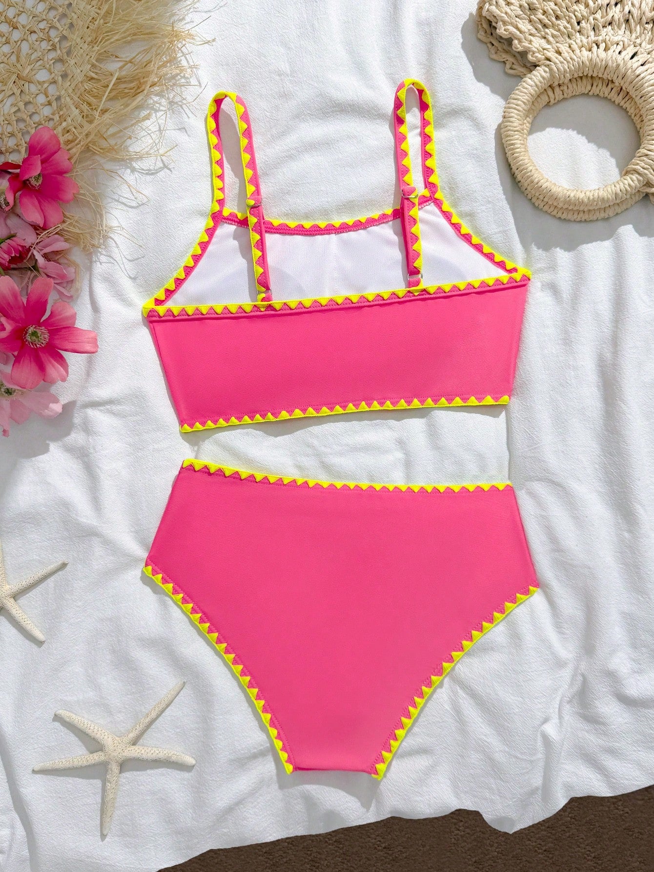 Tween Girls Bikini Sets,Cute Fuchsia Pink 2 Pieces Knit Swimsuit With Neon Shell Trim,High-Waist Bottoms For Summer Beach Vacation Holiday Swimming