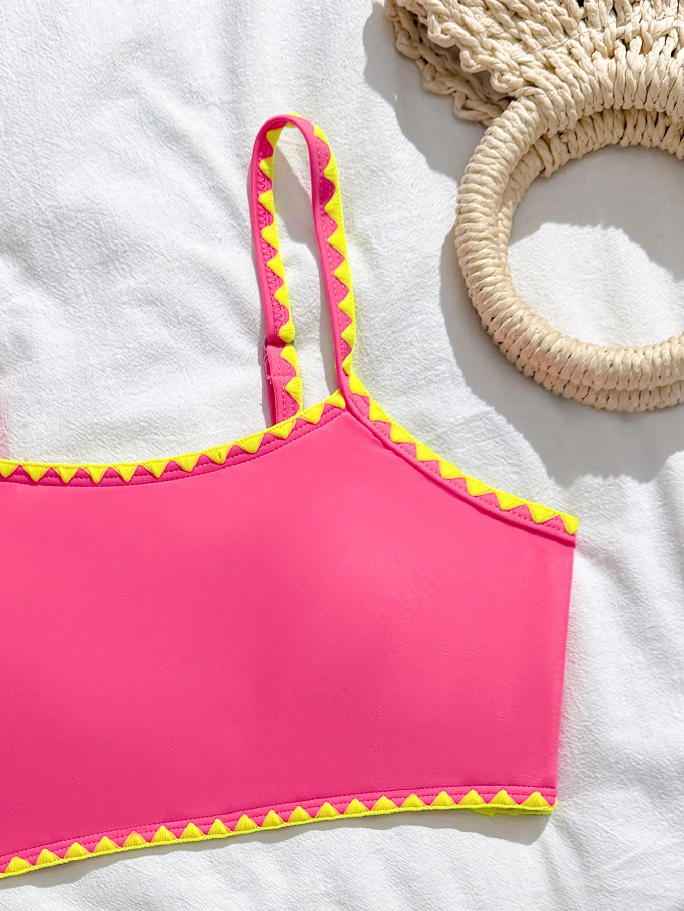 Tween Girls Bikini Sets,Cute Fuchsia Pink 2 Pieces Knit Swimsuit With Neon Shell Trim,High-Waist Bottoms For Summer Beach Vacation Holiday Swimming