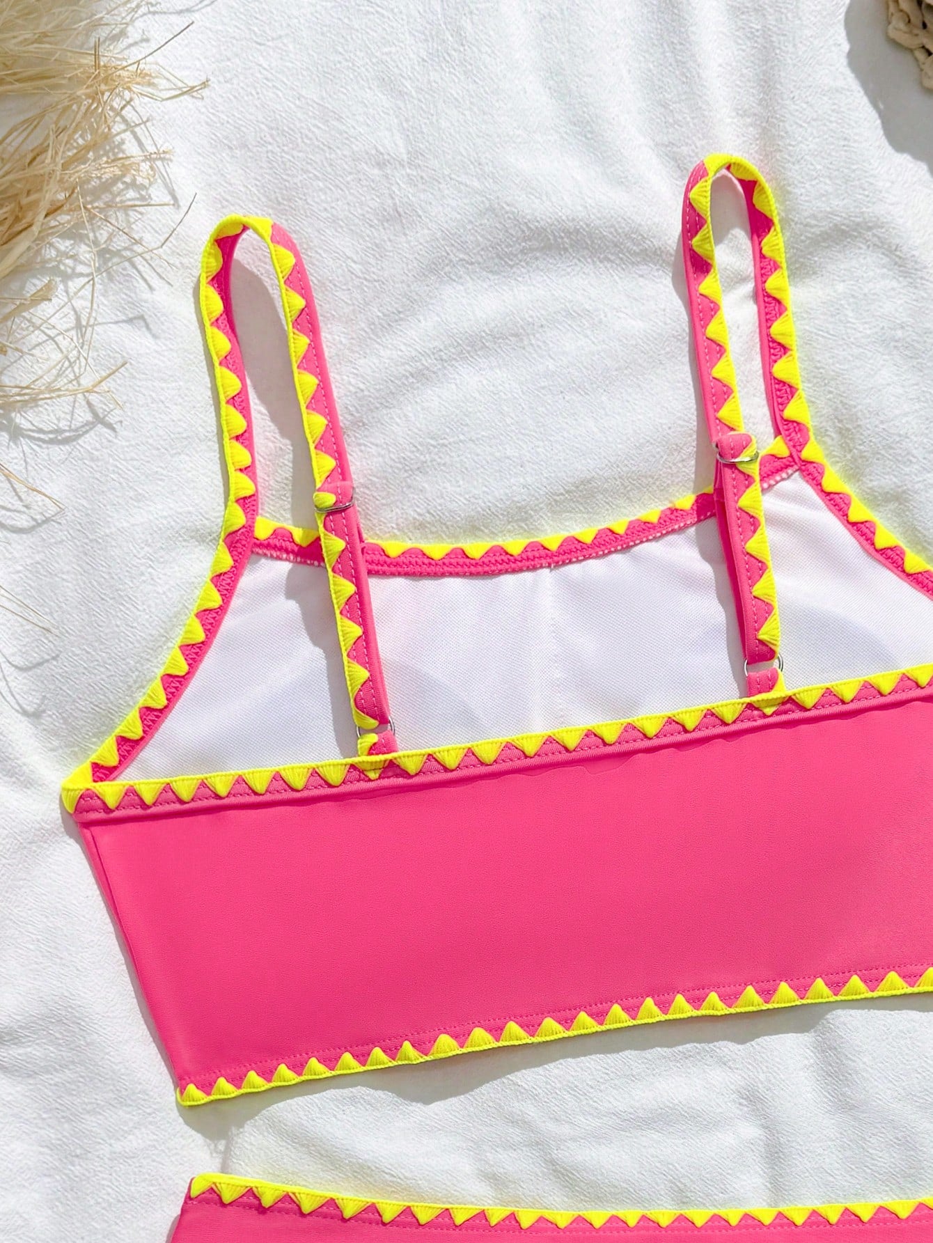 Tween Girls Bikini Sets,Cute Fuchsia Pink 2 Pieces Knit Swimsuit With Neon Shell Trim,High-Waist Bottoms For Summer Beach Vacation Holiday Swimming