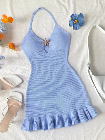 Tween girls long sleeveless halter cover-up dress with ruffle detail, plain fitted design, semi-sheer fabric, and metal starfish decoration.