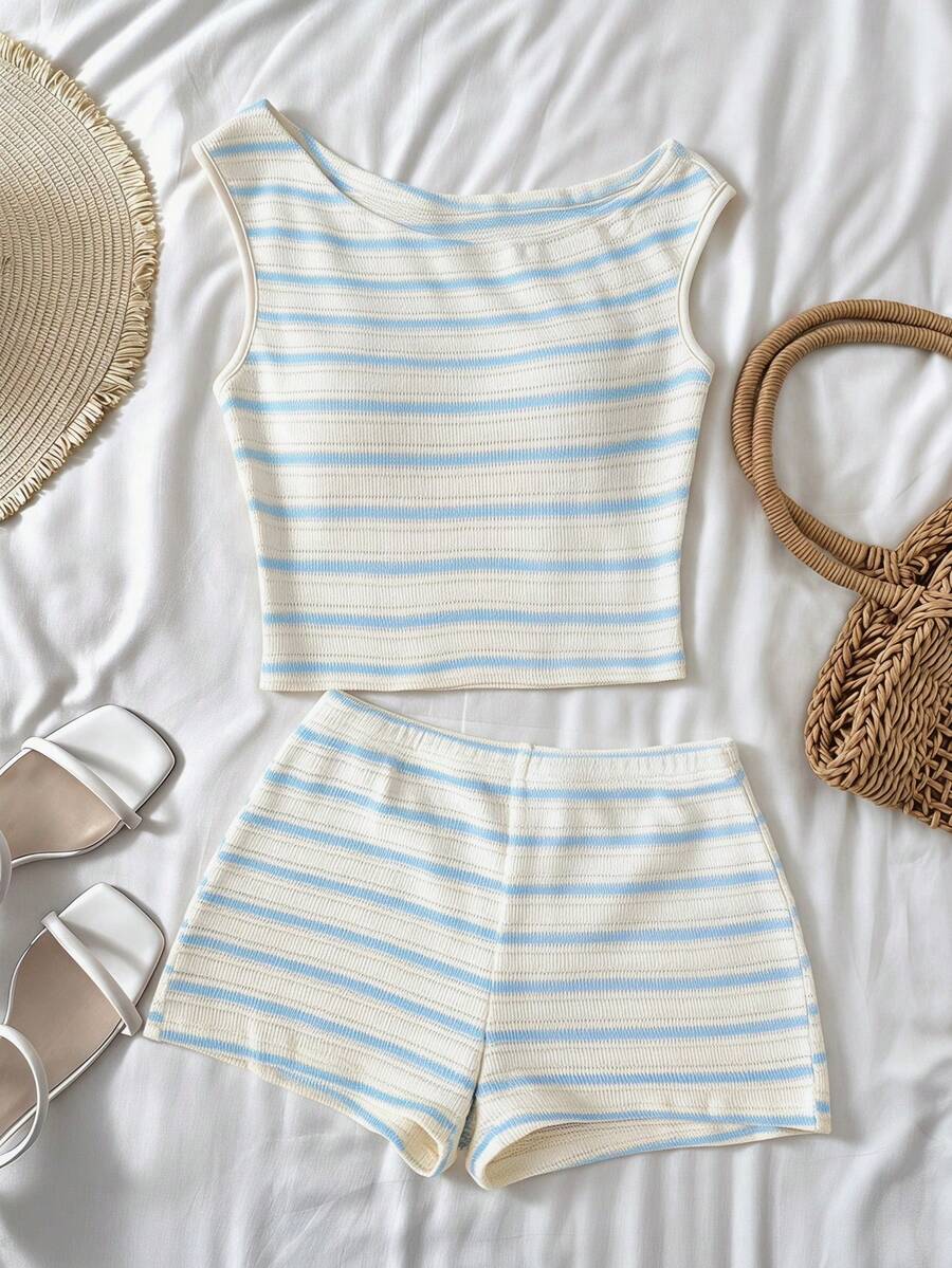 Tween girls army green striped rib-knit two-piece set with asymmetrical neck crop top and matching slim fit shorts.