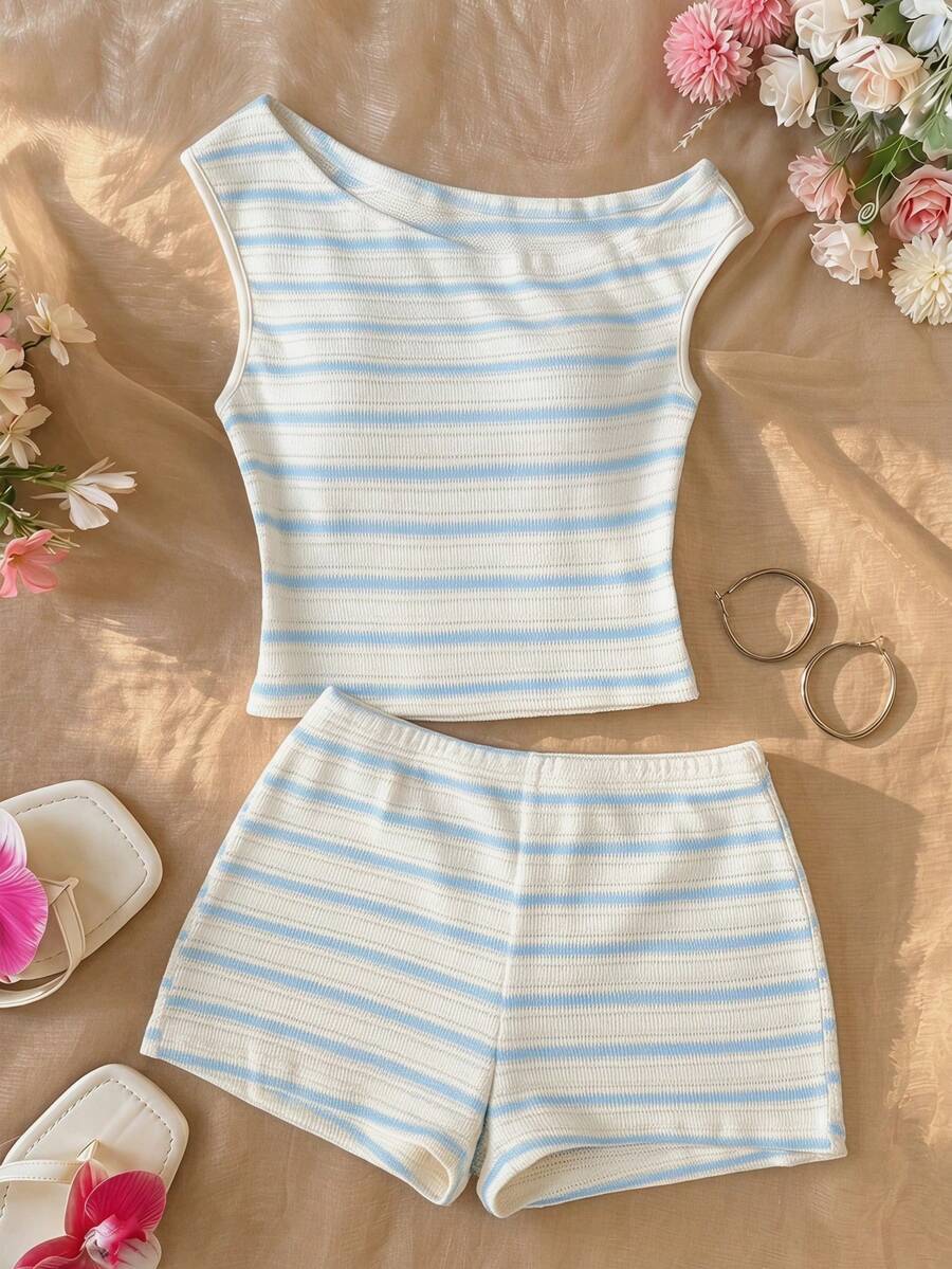 Tween girls army green striped rib-knit two-piece set with asymmetrical neck crop top and matching slim fit shorts.