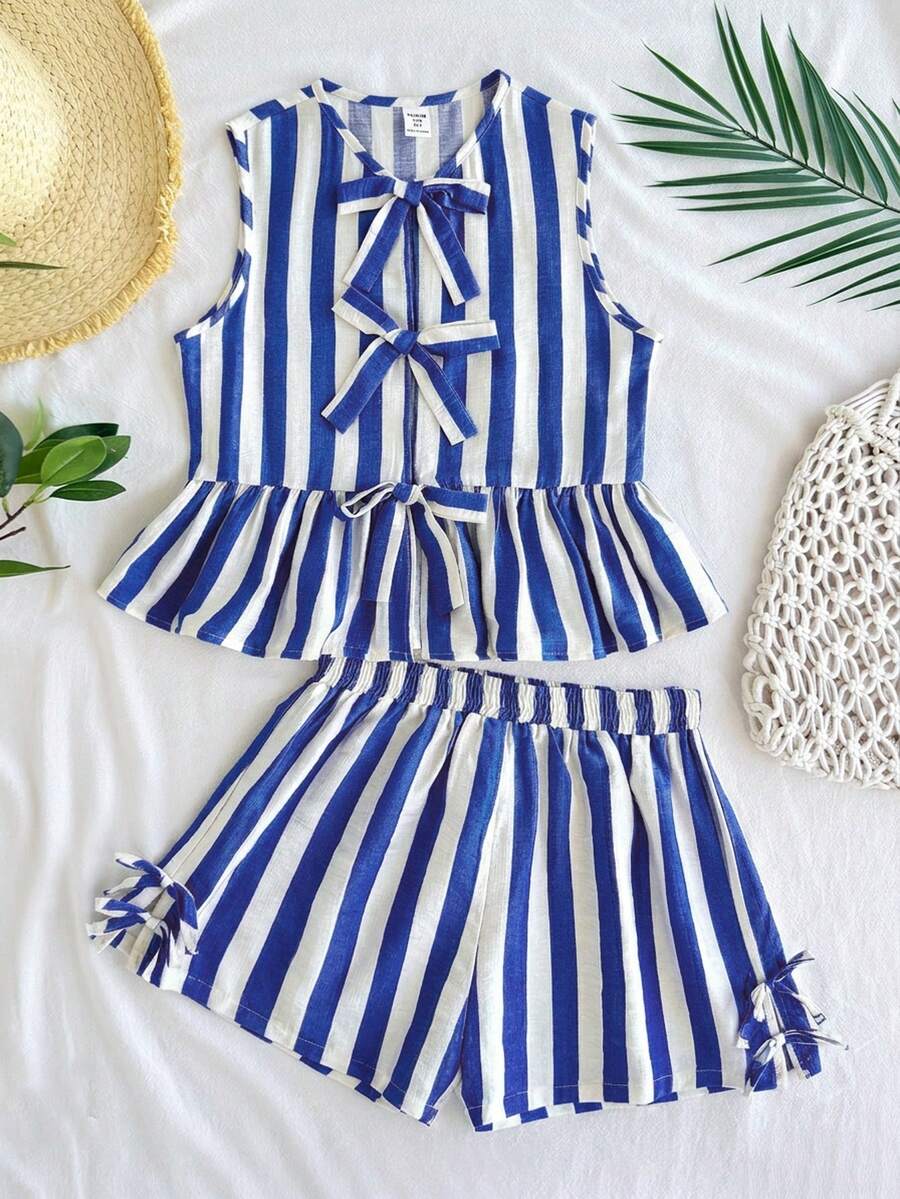 Tween girls green and white striped 2-piece summer set featuring a sleeveless bowknot ruffle crop top and casual shorts.