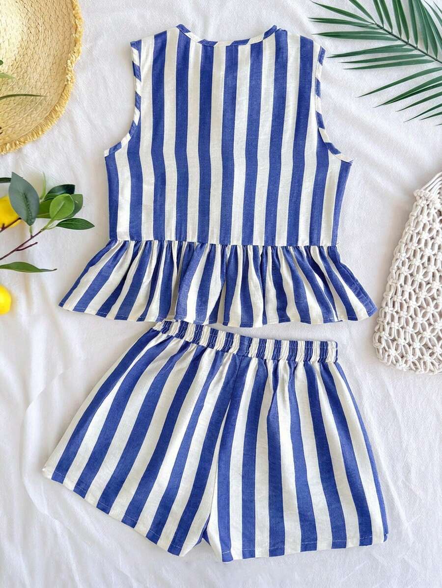 Tween girls green and white striped 2-piece summer set featuring a sleeveless bowknot ruffle crop top and casual shorts.