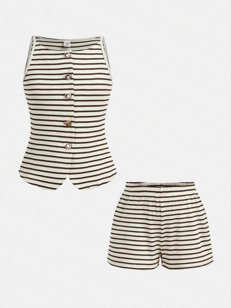 Tween girls apricot striped knit camisole top with button front paired with matching casual elastic waist shorts