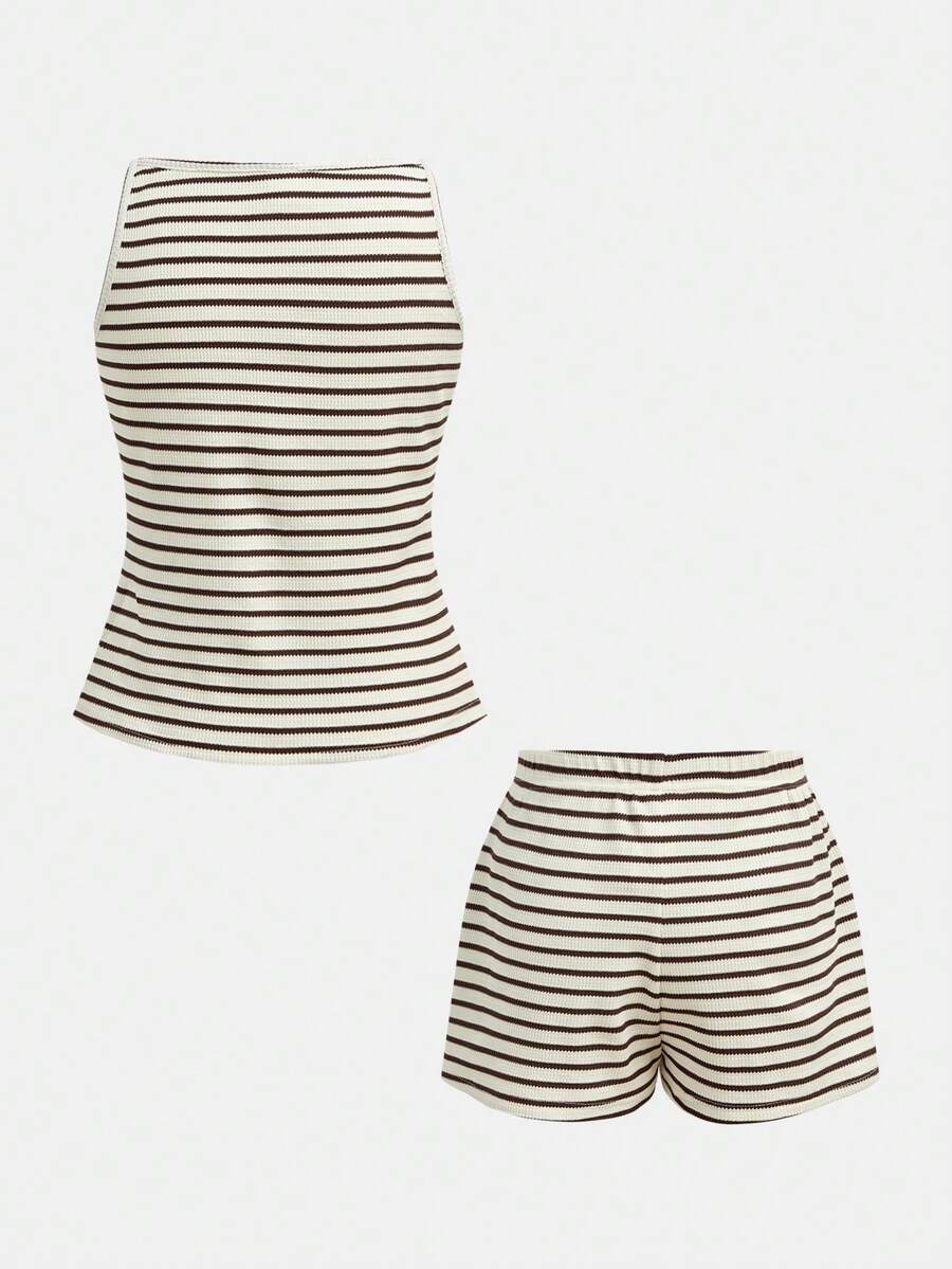 Tween girls apricot striped knit camisole top with button front paired with matching casual elastic waist shorts