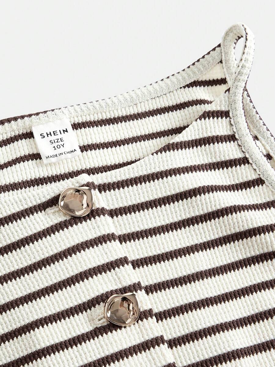 Tween girls apricot striped knit camisole top with button front paired with matching casual elastic waist shorts