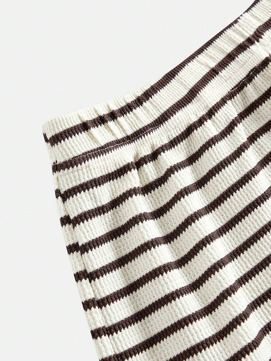 Tween girls apricot striped knit camisole top with button front paired with matching casual elastic waist shorts