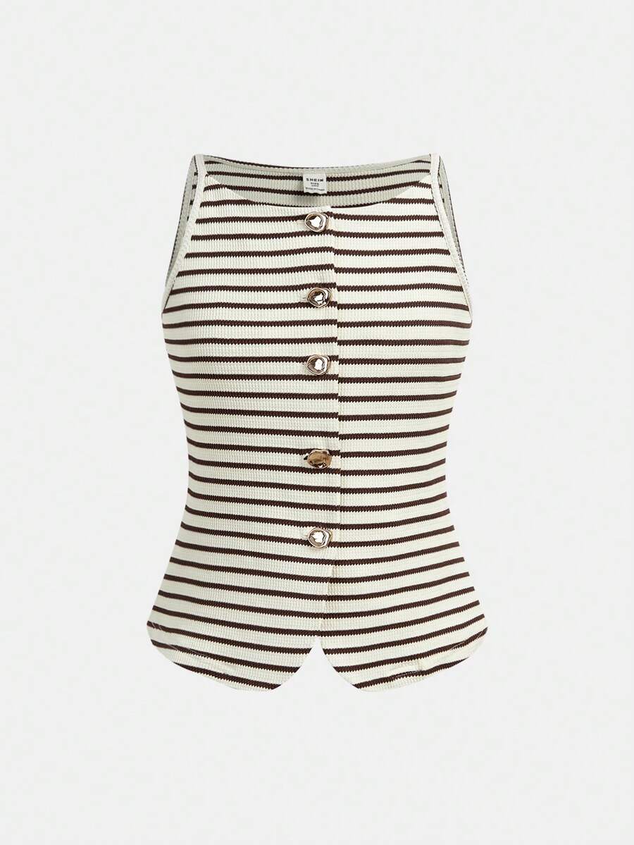 Tween girls apricot striped knit camisole top with button front paired with matching casual elastic waist shorts