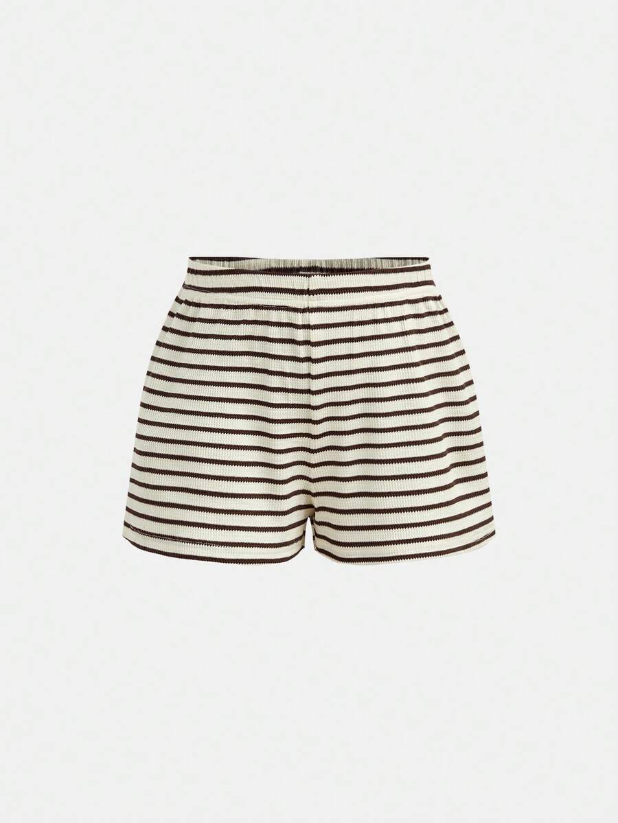 Tween girls apricot striped knit camisole top with button front paired with matching casual elastic waist shorts